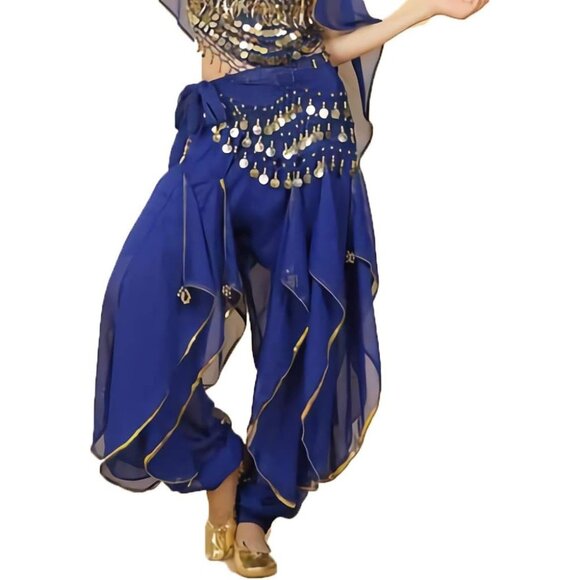 Women's Blue Belly Dance Scarf With 128 Gold Coins Skirts For Belly Dance - Picture 5 of 6